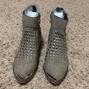 Studded Taupe Ankle Booties with Metallic Toe